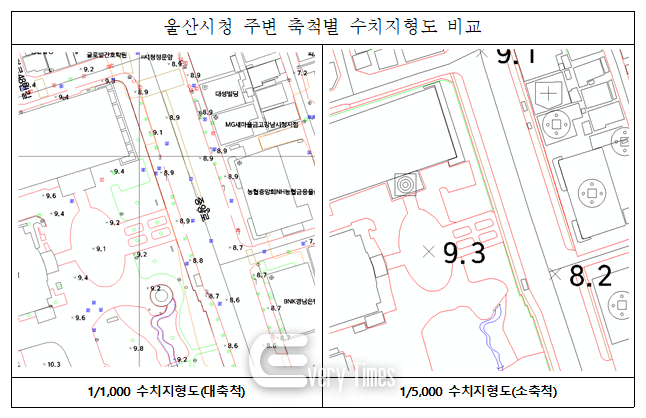 축척별 수치지형도 비교(제공=울산시)